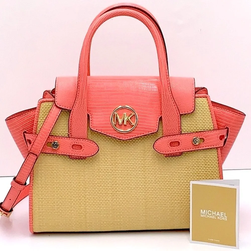 MICHAEL KORS CARMEN MEDIUM FLAP MESSENGER SATCHEL BAG GRAPEFRUIT COLOR